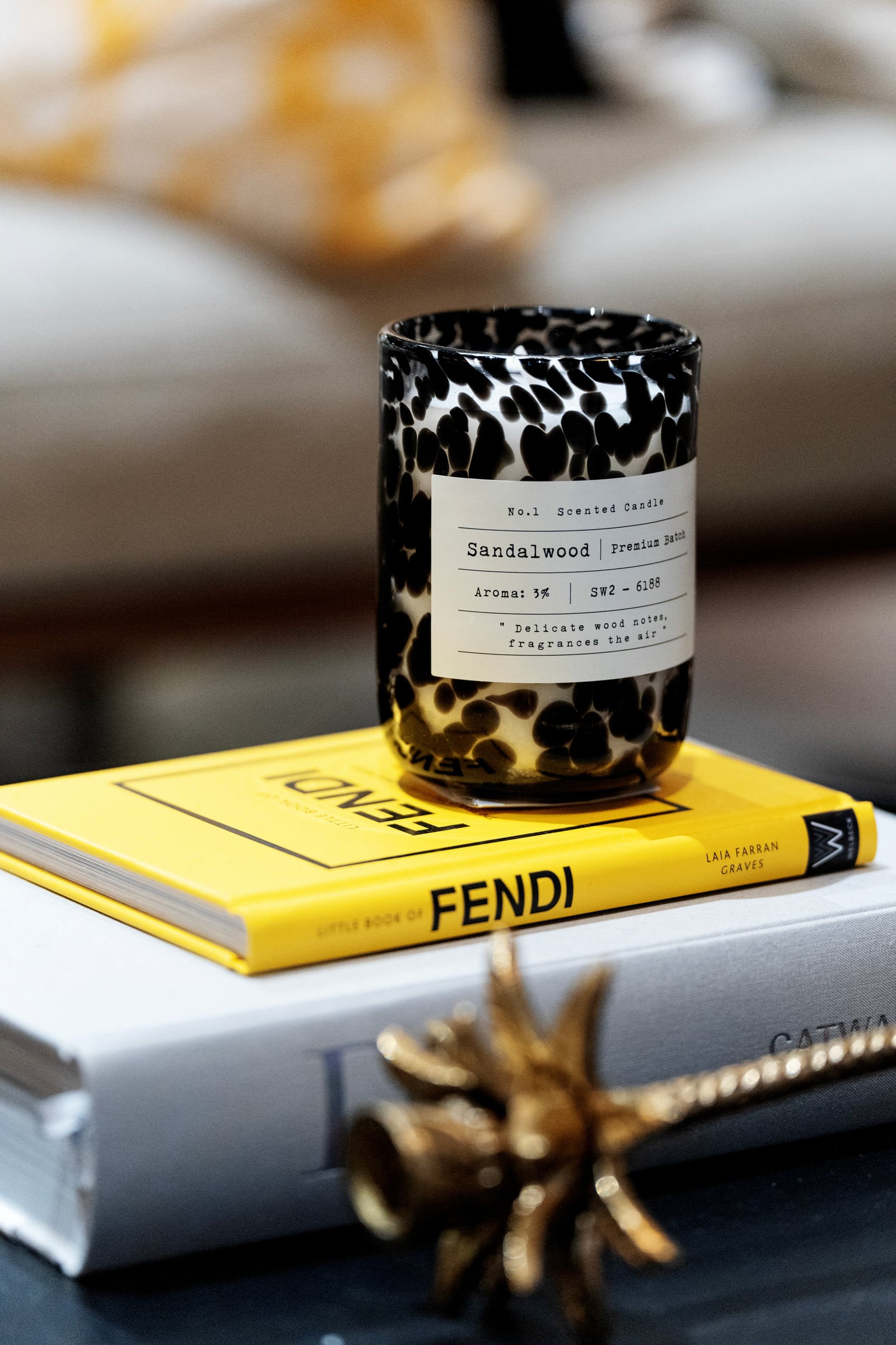 Bougie parfumée posée sur un livre Fendi, détail de décoration H&M Home